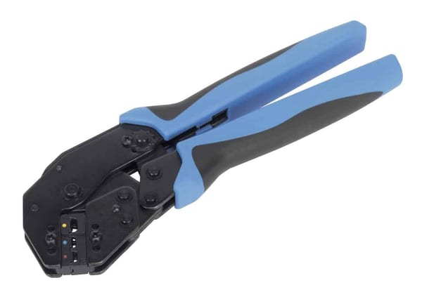 Angled head ratchet crimping tool for insulated terminals, ideal for vehicle service and electrics.