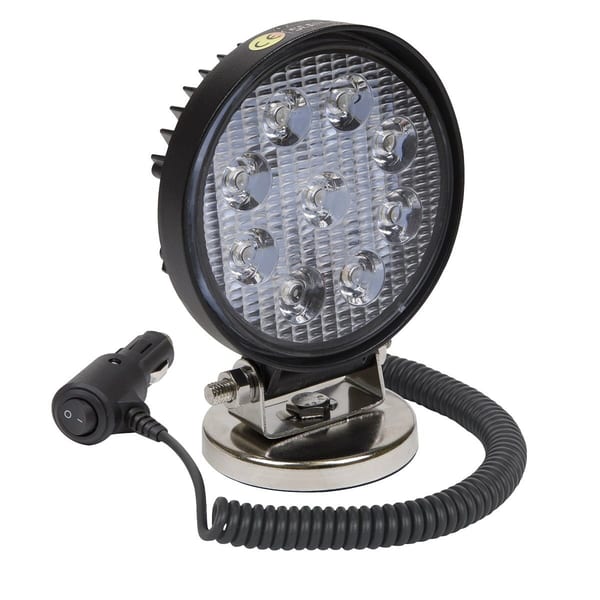High-powered LED work light featuring a magnetic base and flexible cord for versatile positioning and use in various environments.