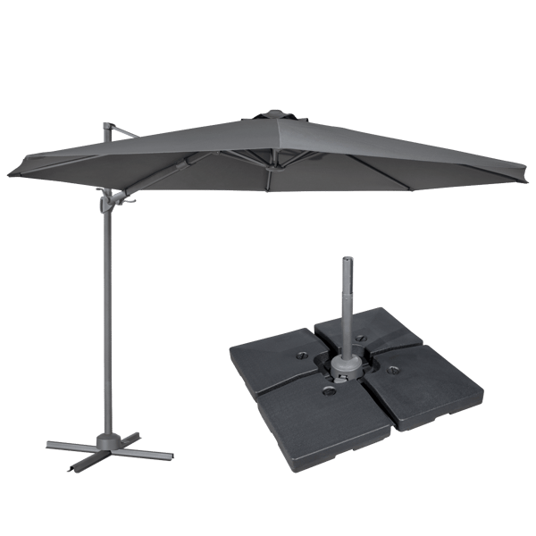 Cantilever Parasol with 360 deg Rotation, Tilt, Cover & Base 3m - Grey