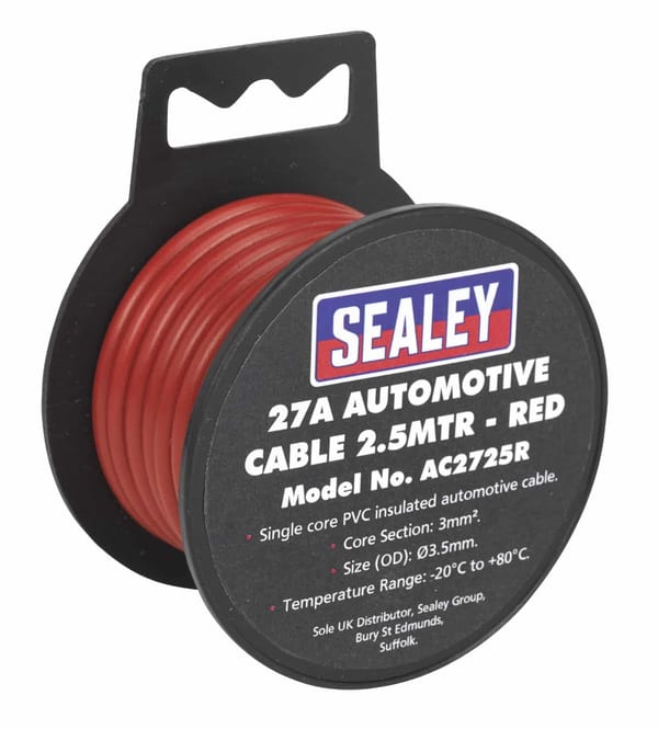 27A automotive cable, 2.5m, red color, ideal for electrical and workshop use.
