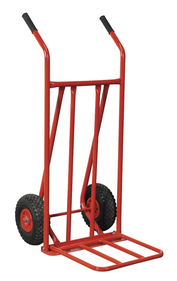 Folding sack truck with pneumatic tyres for heavy loads up to 150kg.