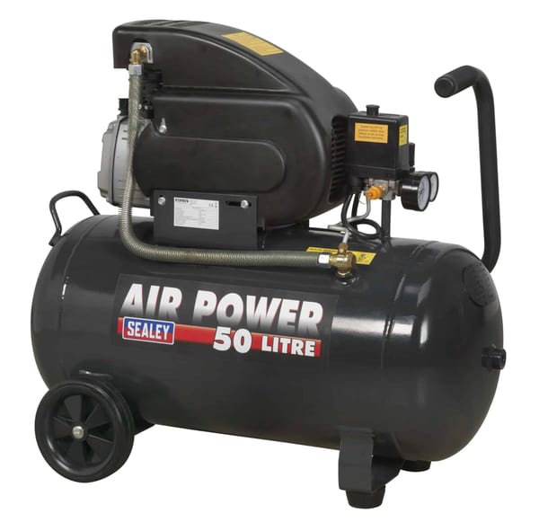 Sealey 50 litre air compressor with a powerful motor and large tank for efficient air supply, ideal for various applications.