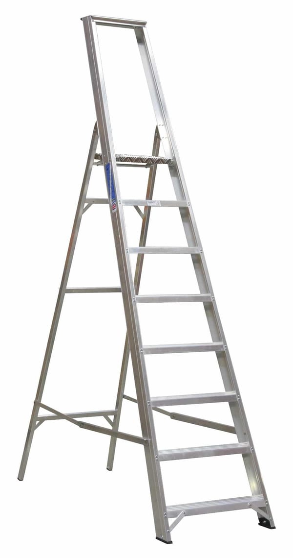 8-tread aluminum step ladder for industrial use, compliant with BS 2037/1 standards.