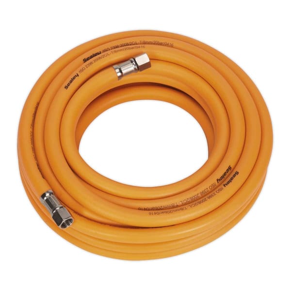 Durable yellow garden hose with metal connectors, suitable for various watering tasks and outdoor use, ensuring flexibility and reliability.