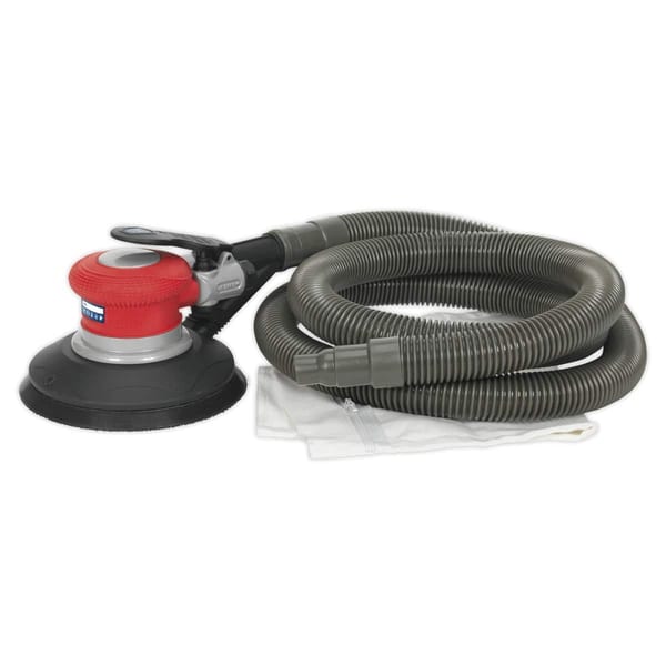 Electric orbital sander with a red top and flexible hose for dust extraction, designed for smooth surface finishing.