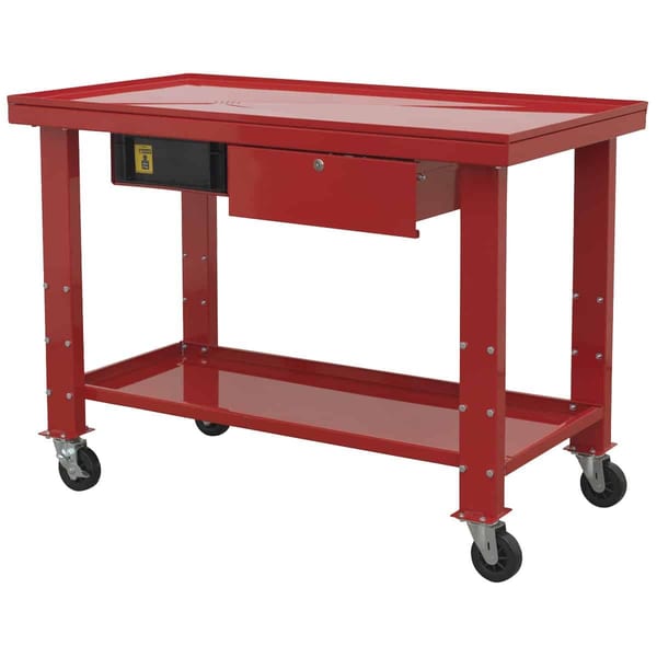Red mobile workbench featuring a drawer and lower shelf, designed for versatile workspace solutions in various settings.
