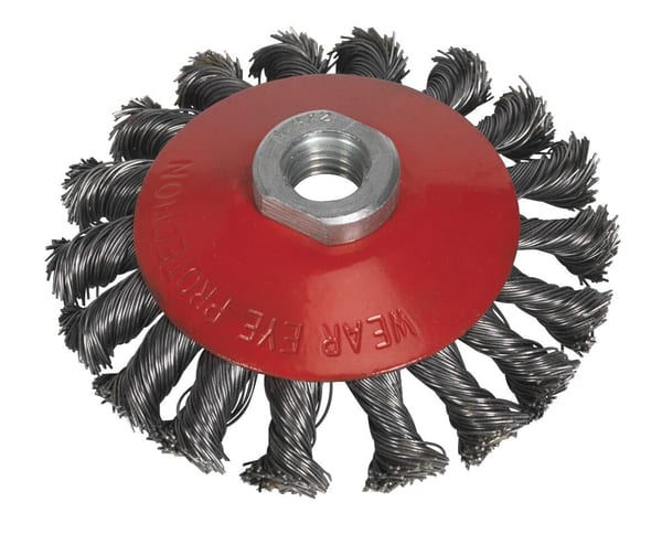 Conical wire brush Ø100mm with M14 x 2mm attachment for power tools.