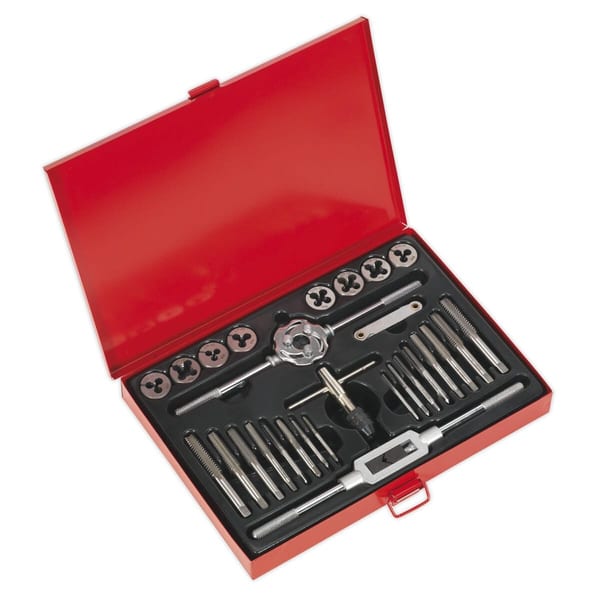 28pc Metric Tap & Die Set in red case for thread cutting and machining.