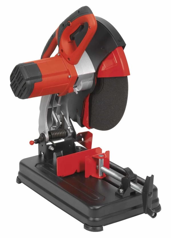 Electric mitre saw featuring a red handle and black base, designed for precise cutting of wood and other materials.