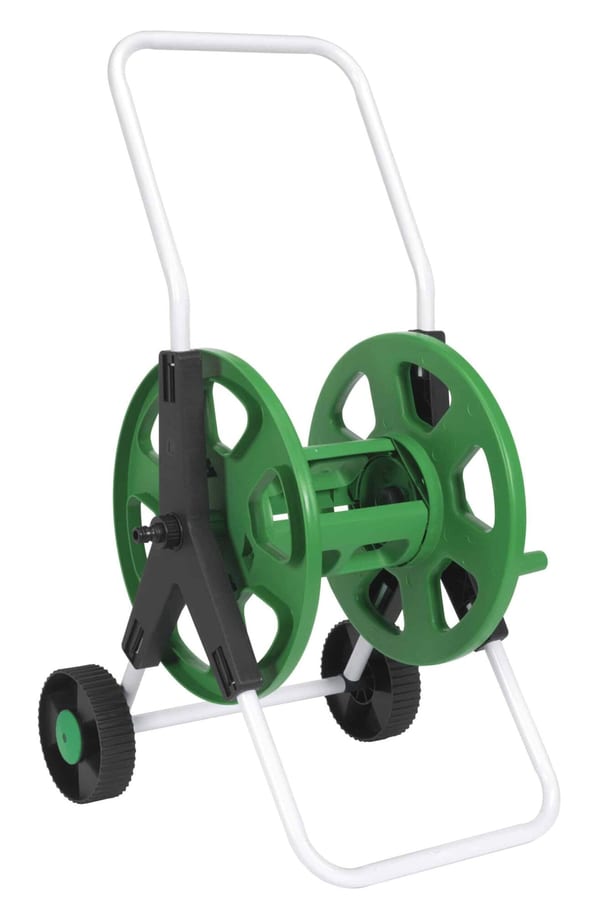 Garden hose trolley with 60m capacity for easy storage and transport of hoses.