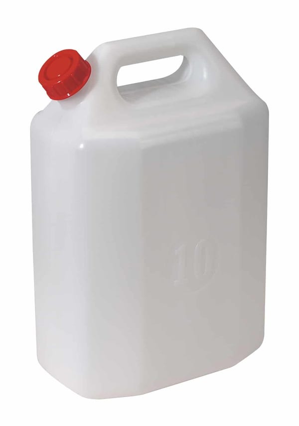 10 litre white plastic storage container with red cap, ideal for liquids and various storage needs.