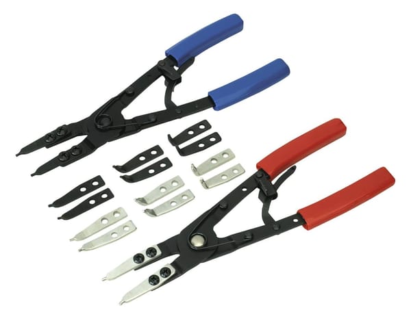 Circlip pliers set for internal and external use, featuring 265mm handles and assorted tips.