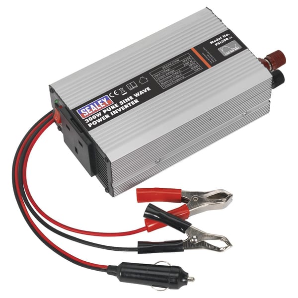 300W Pure Sine Wave Power Inverter, 12V DC to 230V AC with battery clamps