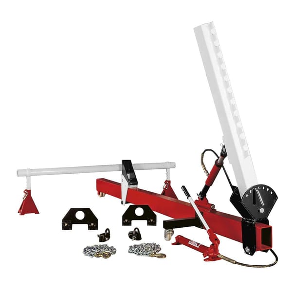 Heavy-duty hydraulic hoist system with adjustable height and various attachments for lifting and support tasks.