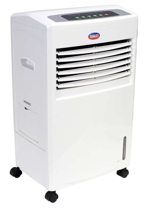 Sealey portable air conditioner unit with adjustable vents and control panel, ideal for cooling indoor spaces efficiently.