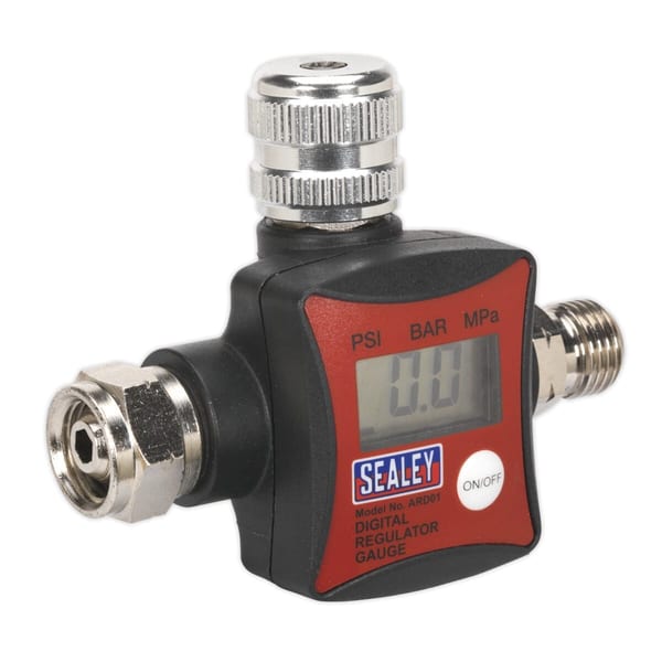 Sealey digital regulator gauge ARD01 with PSI, BAR, and MPa readings, featuring a clear display and robust connectors.