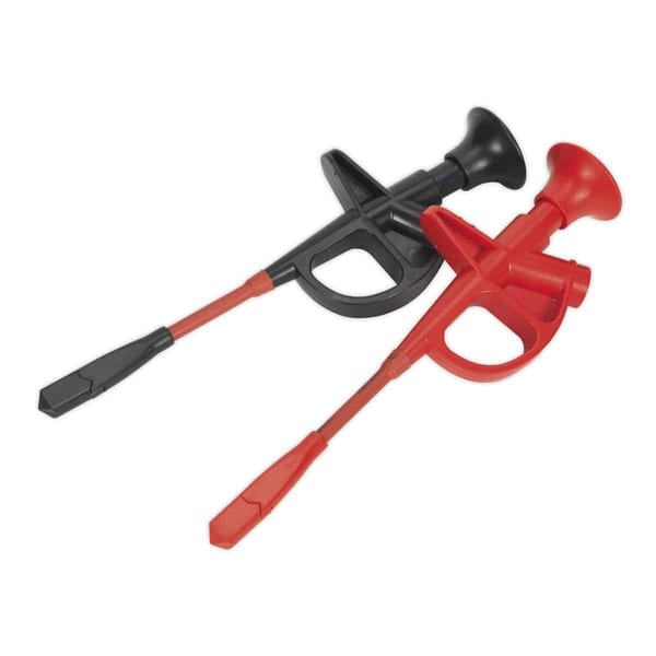 A dual colour plunger set featuring a black and a red plunger, designed for effective unclogging of drains and toilets.