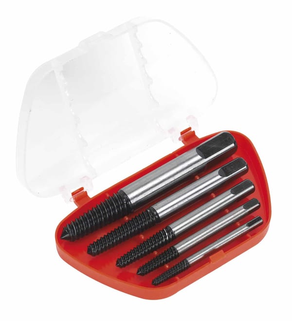 5-piece Helix screw extractor set in a compact red case for easy use.