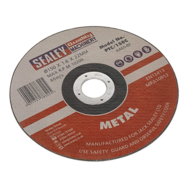 150mm cutting disc for metal with 22mm bore, ideal for power tools.