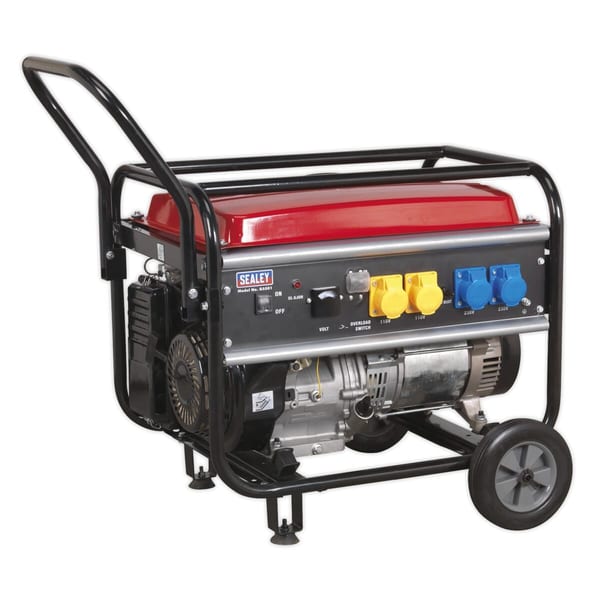 Sealey portable generator featuring a robust design, equipped with multiple power outlets and a durable frame for easy mobility.