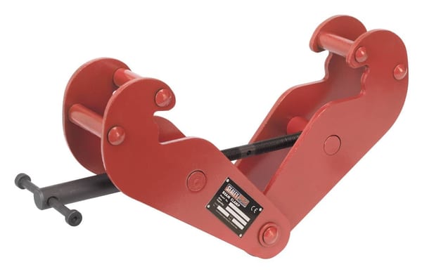 3 tonne beam clamp for lifting and material handling, red color.