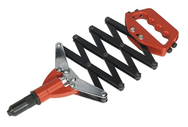 Lazy Tongs Riveter with scissor mechanism for easy riveting in garage and bodyshop applications.