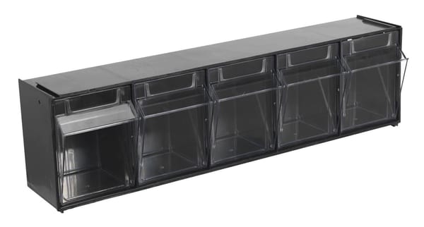 Stackable cabinet box with 5 clear bins for organized tool storage.