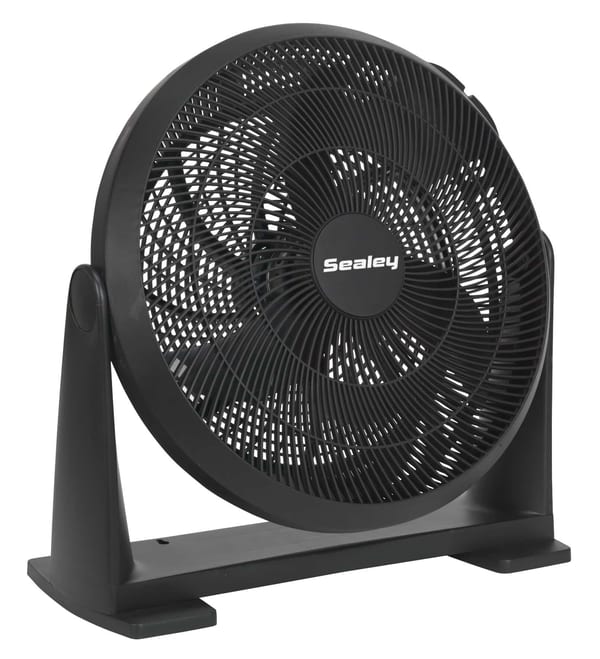 Sealey black table fan with a sturdy base and adjustable speed settings, ideal for personal cooling in various environments.