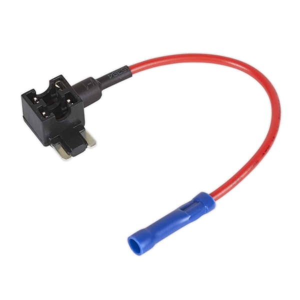 Automotive fuse holder with a red wire connector, designed for electrical circuits in vehicles, ensuring secure connections and protection.