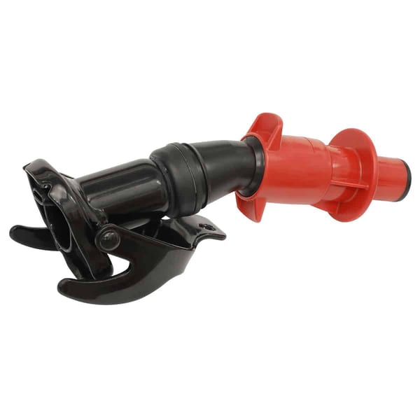 Heavy-duty hydraulic coupler tool with black and red components for efficient connection and disconnection.