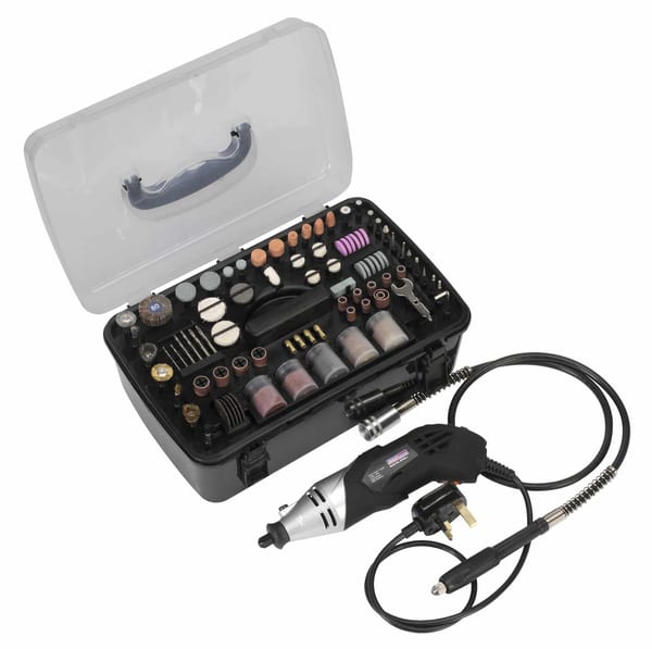 Multi-purpose rotary tool and engraver kit with 219 pieces in a portable case.