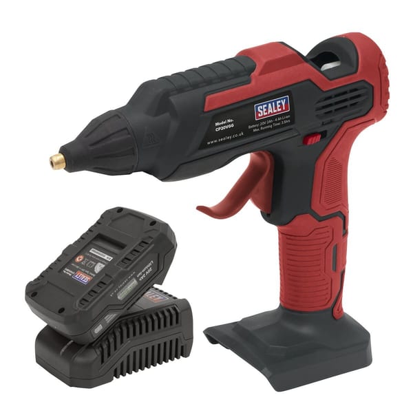 Sealey cordless hot glue gun with battery pack, ideal for crafting and repairs, featuring ergonomic design and efficient heating.