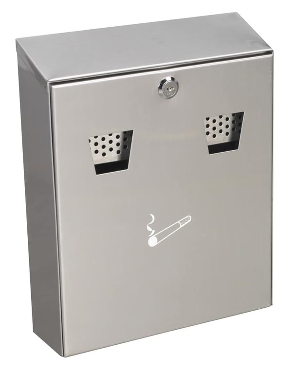 Stainless steel wall-mounted cigarette bin for outdoor and indoor use.