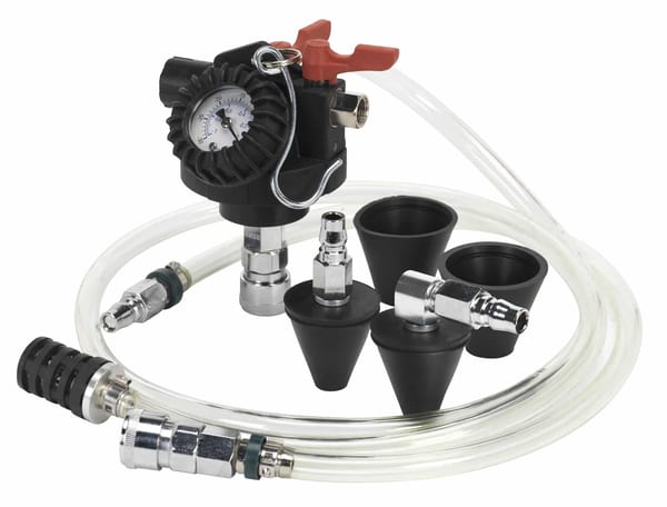Cooling System Filler with connectors for vehicle service and garage use.