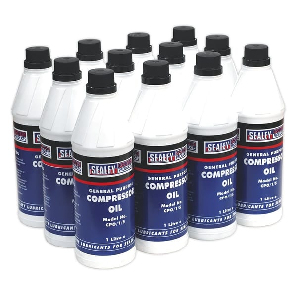 12 bottles of 1L compressor oil by Sealey for efficient tool lubrication.