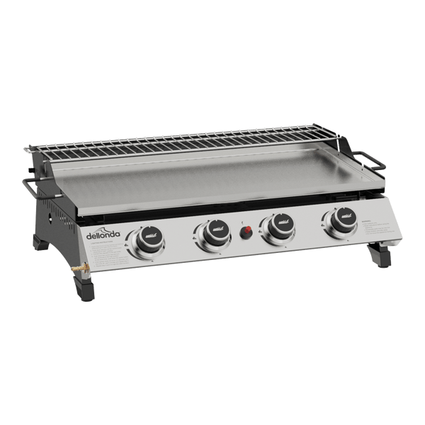 4 Burner Stainless Steel Portable Gas Plancha with Warming Rack 10kW