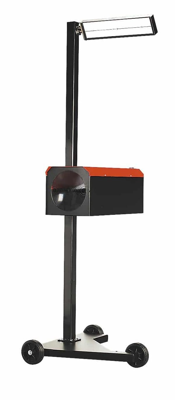 Workshop headlamp beam setter with three wheels for precise vehicle lighting adjustment.