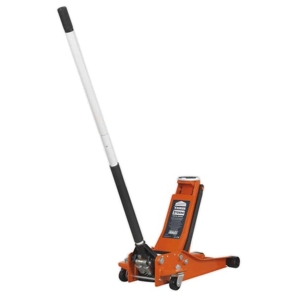 7000 kg capacity hydraulic floor jack in orange with extended handle for easy lifting.