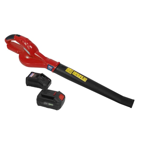 Cordless red leaf blower with detachable battery and charger, designed for efficient garden maintenance.