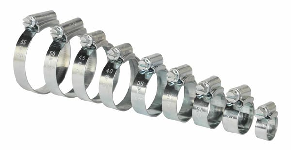 Hi-Grip Hose Clips Assortment Pack of 85, sizes Ø12-55, ideal for various hose applications.