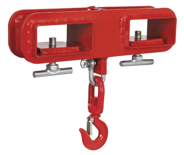 Red forklift lifting hoist with 1000kg capacity for material handling.