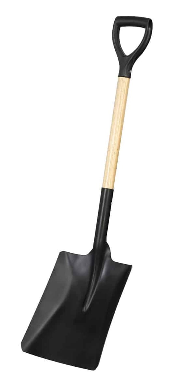 Heavy-duty garden spade with a black metal blade and wooden handle, ideal for digging and landscaping tasks.