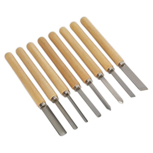 8-piece wood turning chisel set with wooden handles for crafting and woodworking.