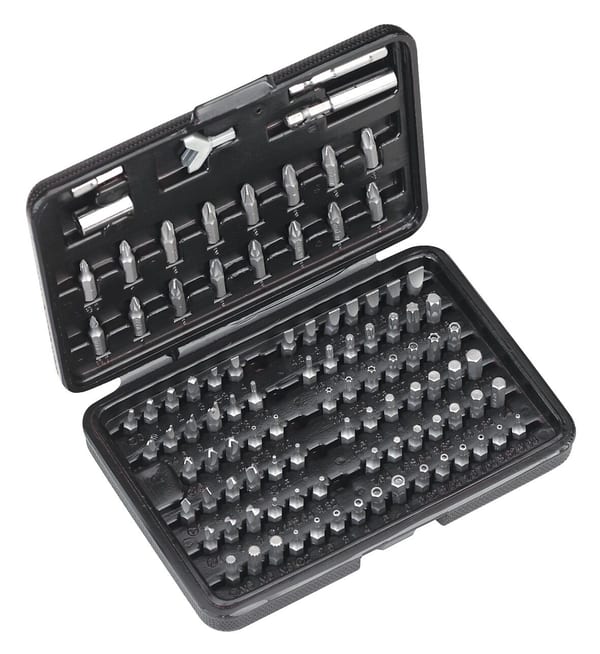 100pc Power Tool and Security Bit Set in a compact storage case for hand tools and workshops.