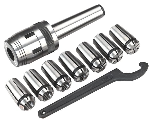 Precision collet chuck set featuring multiple collets and a wrench for secure tool holding in machining applications.