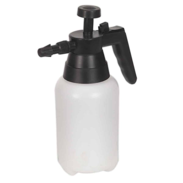 White plastic pressure spray bottle with a black nozzle and handle for dispensing liquids.