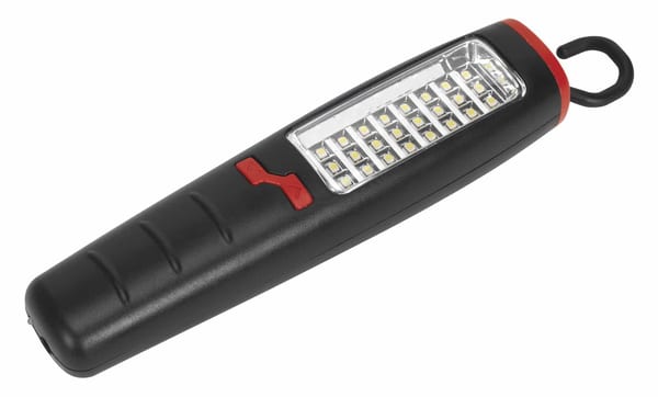 Cordless rechargeable inspection lamp with 24 SMD and 7 LED lights in black and red design