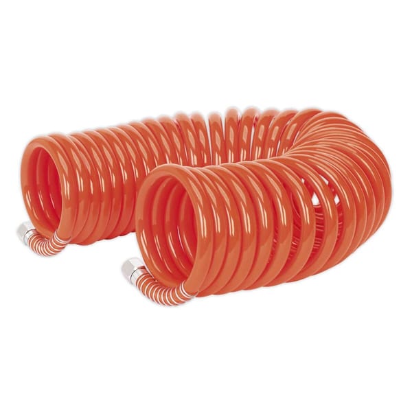 10m PU coiled air hose Ø8mm with 1/4" BSP unions for power tools.