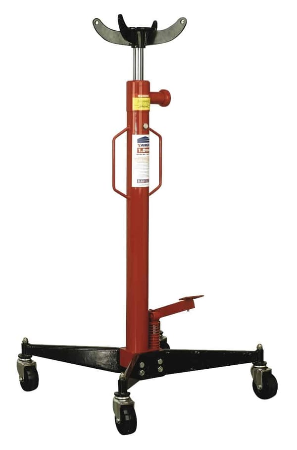 1-tonne vertical transmission jack with casters for easy mobility, ideal for garage and motoring tasks.