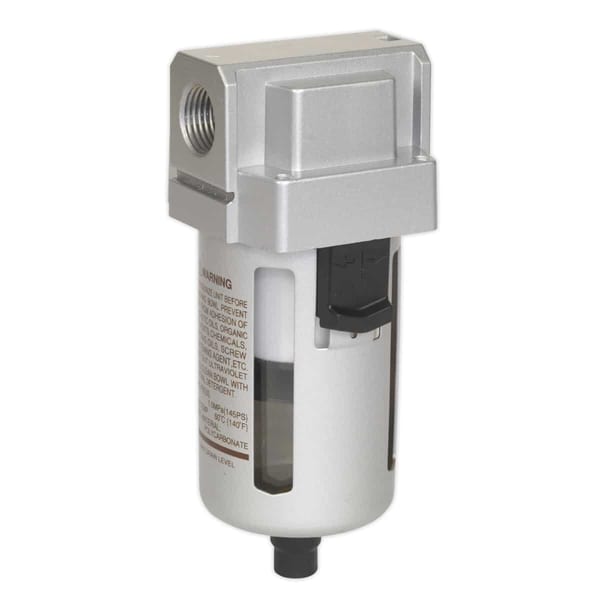 Air compressor filter unit designed for efficient filtration and moisture removal, featuring a clear bowl and adjustable settings.
